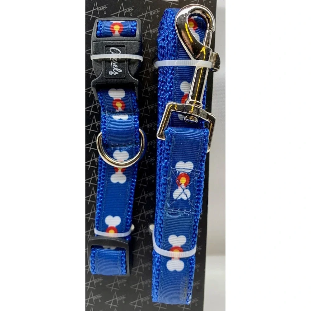 AKSELS Collar &‎ Leash Combo Set 4 Small Dogs Blue with Little White Bone Prints